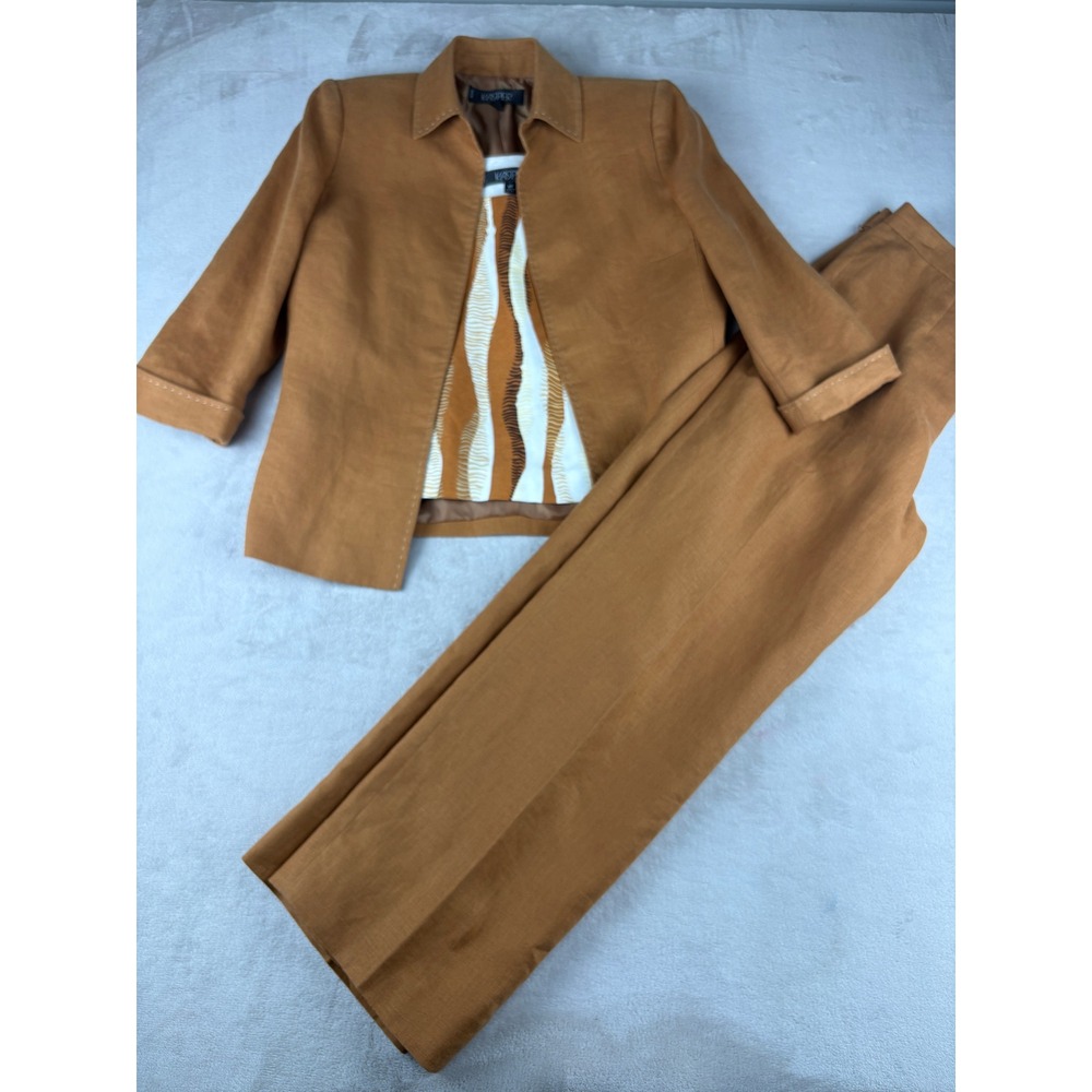 Kasper Petite 3 Piece Pant Suit Set 8P Ginger Brown Linen Blend Abstract Print
